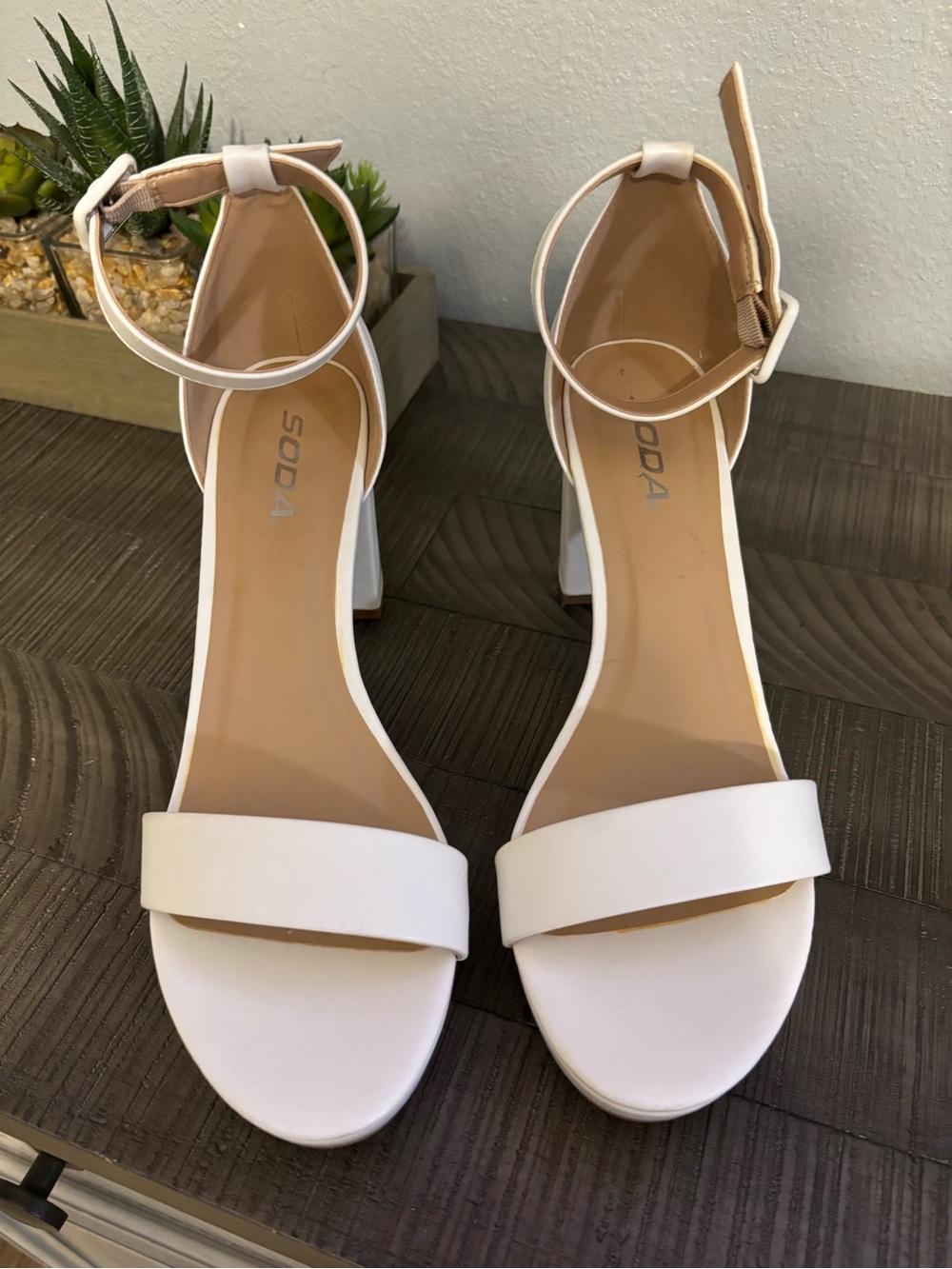 Soda White Ankle-Strap Block Heel Sandals